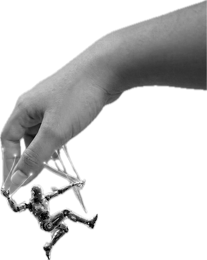 A hand guiding a small AI figure